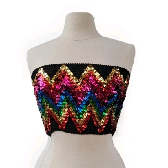 Topshop Womens Medium Black Boho Disco Retro Bright Sequin Smocked Tube Crop Top - Picture 10 of 10